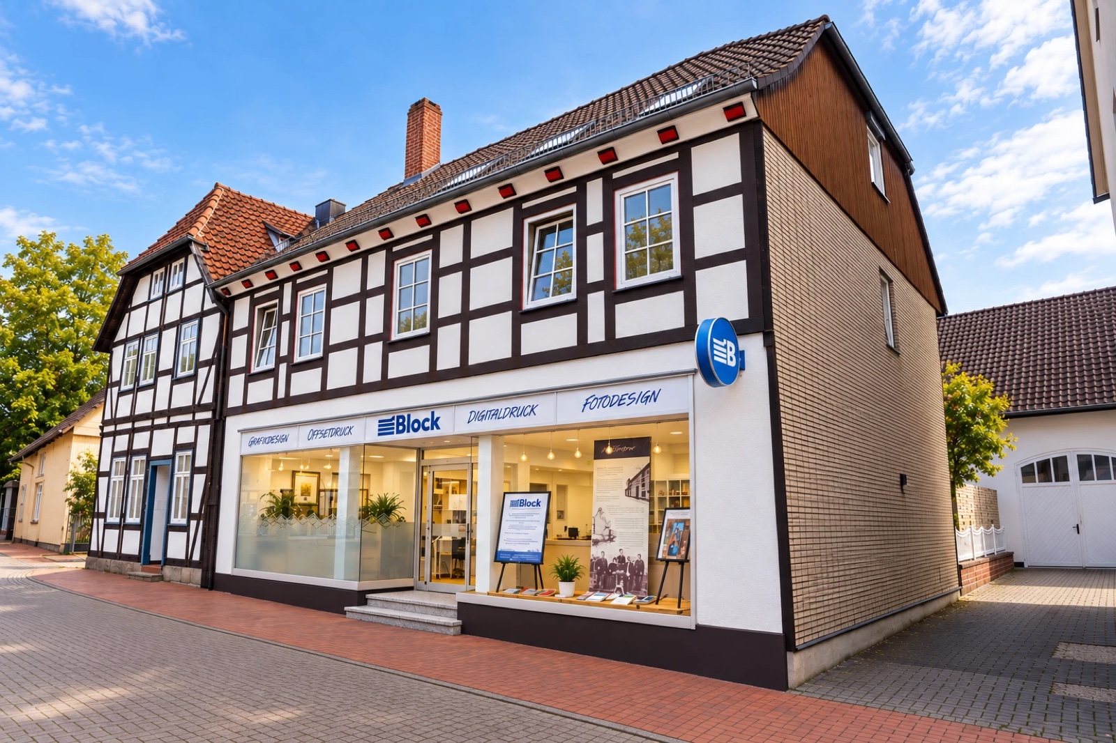 Außenansicht der Druckerei Block im Fachwerkhaus in der Neuen Torstraße 4 in Burgdorf
